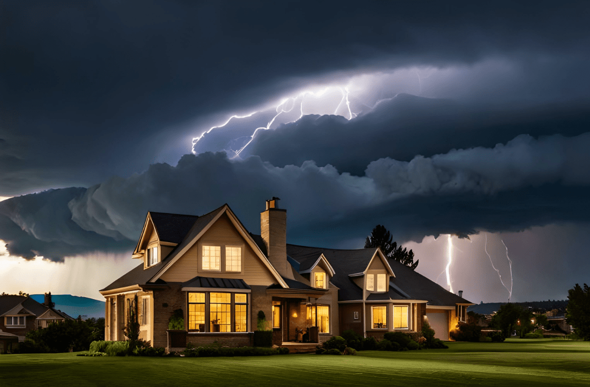 Lightning storm approaches family home.