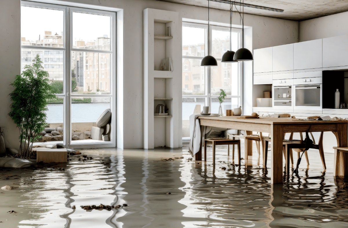 Empty living room, dining room flooded with water