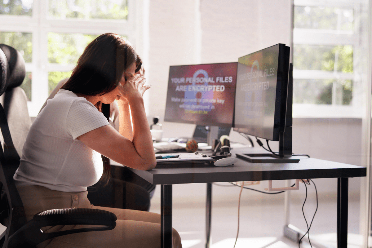 Small business owner sits at desk with her head in her hands in frustration as a cyber attack alert shows on her computer screen.