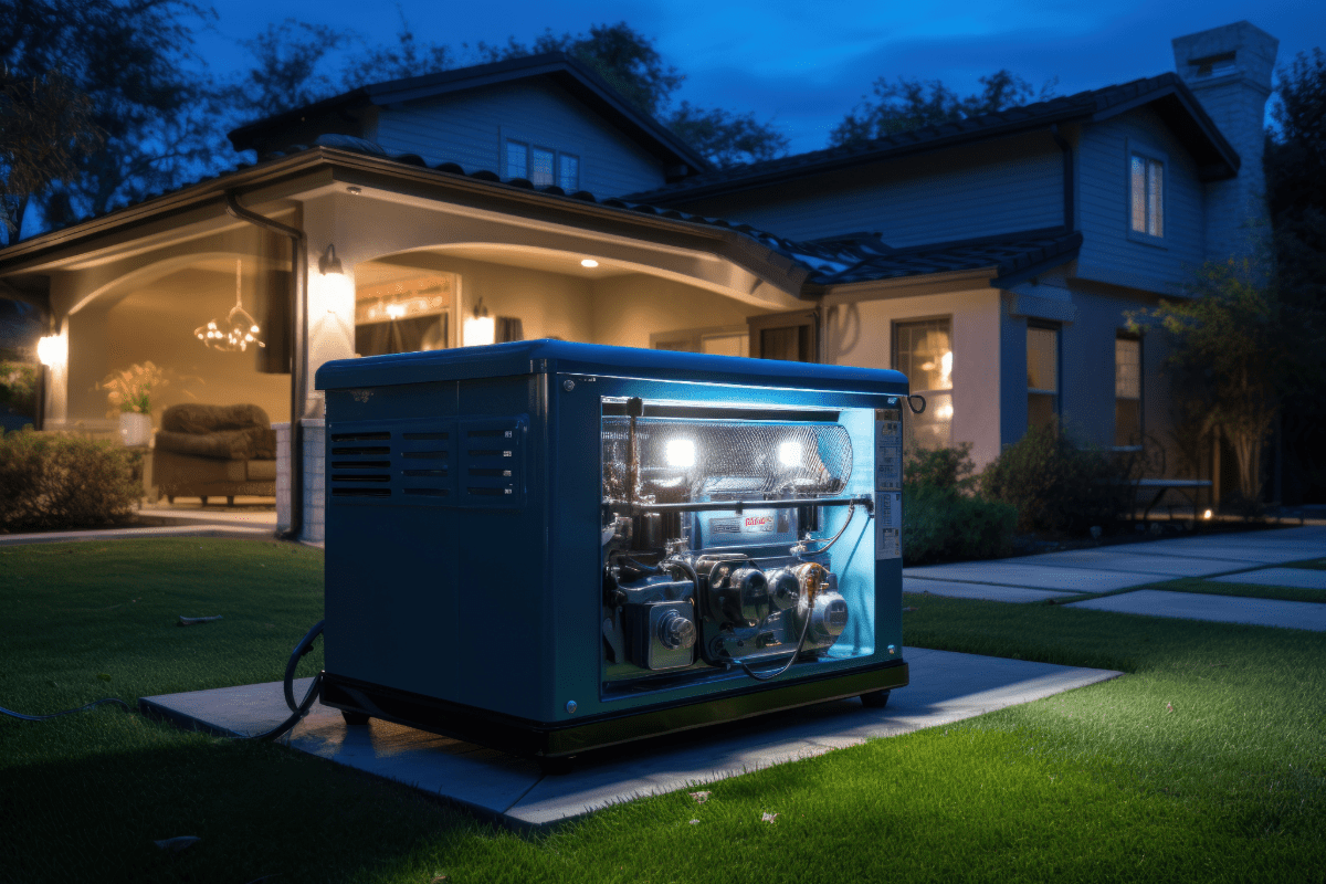 Home generator running outside of a house at night.