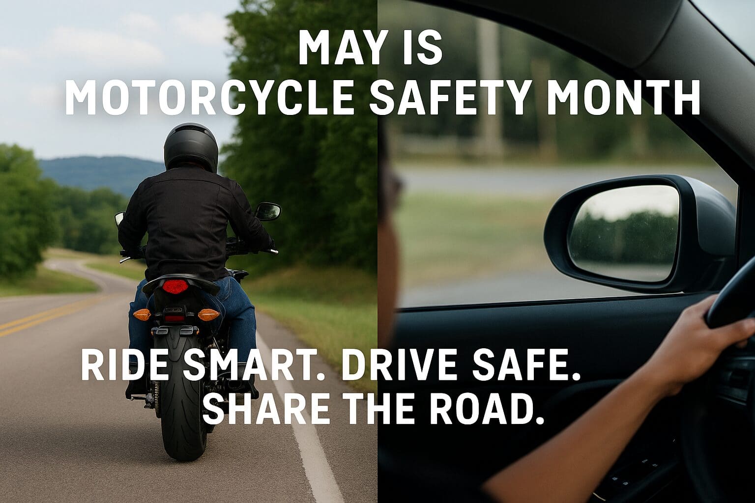 Split-image graphic with half showing a motorcyclist on a scenic Texas road, the other half a car with a driver checking their side mirror. Text overlay reads: May is Motorcycle Safety Month Ride smart. Drive safe. Share the road.