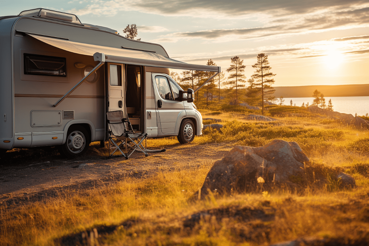 RV parked along the edge of lake