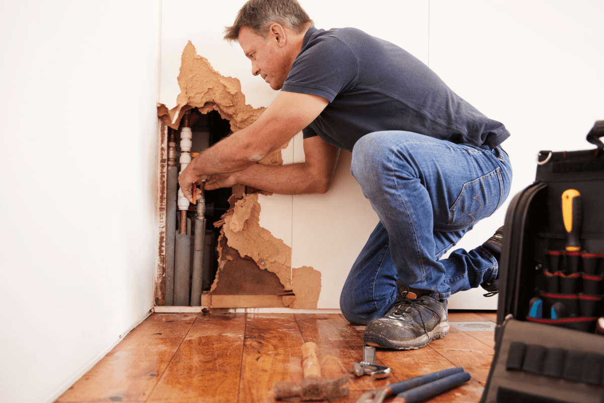 Plumber repairing leaky pipes in wall in a home.