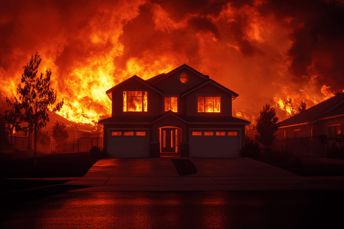 Wildfire ranging behind a home.