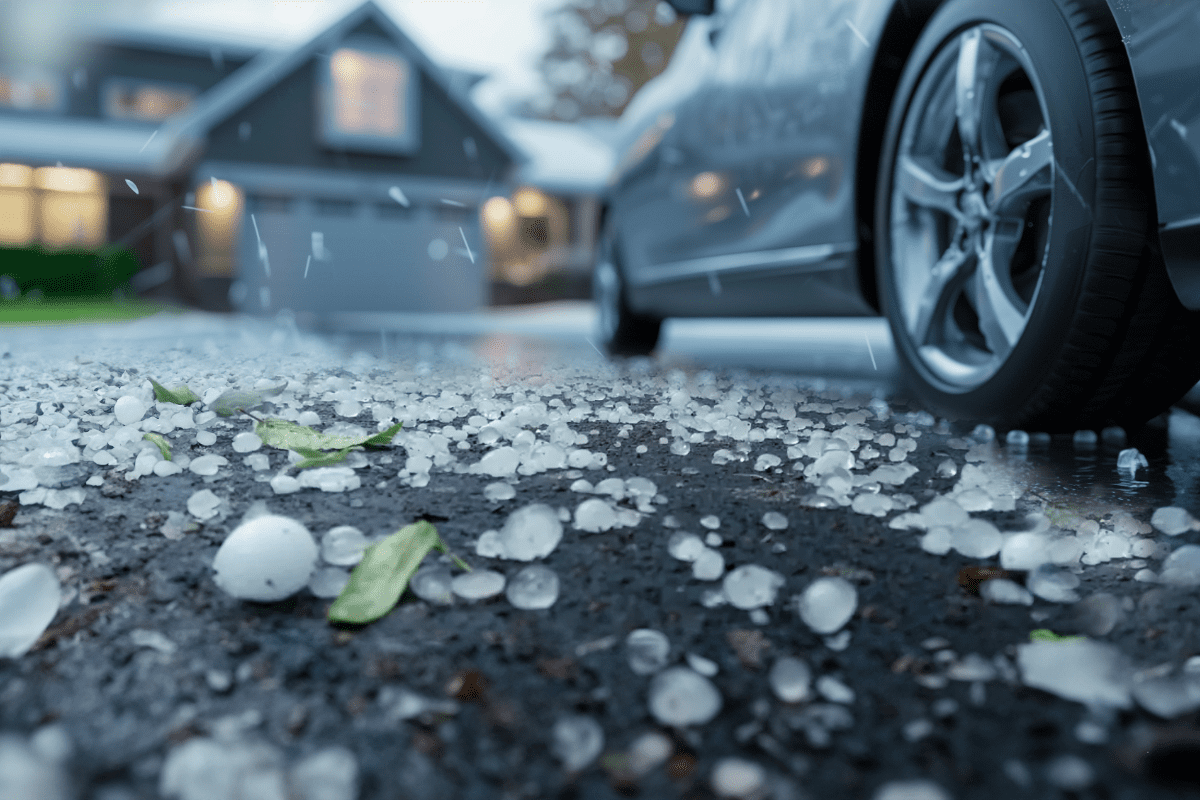 House with car in driveway during a hail storm.