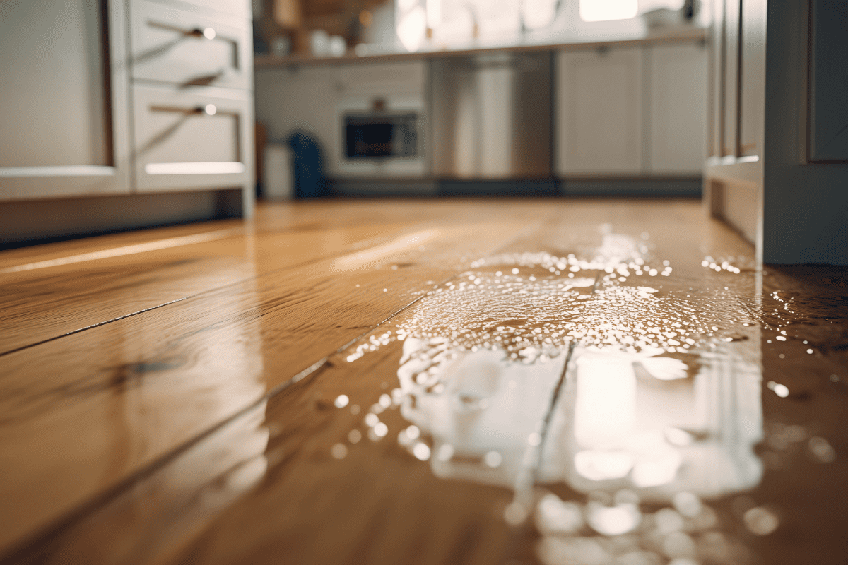 Water pooling on a kitchen floor