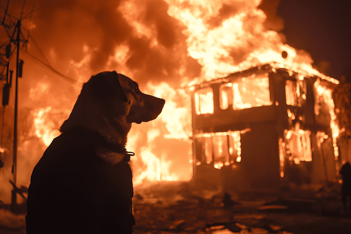 Silhouette of dog in front of burning house