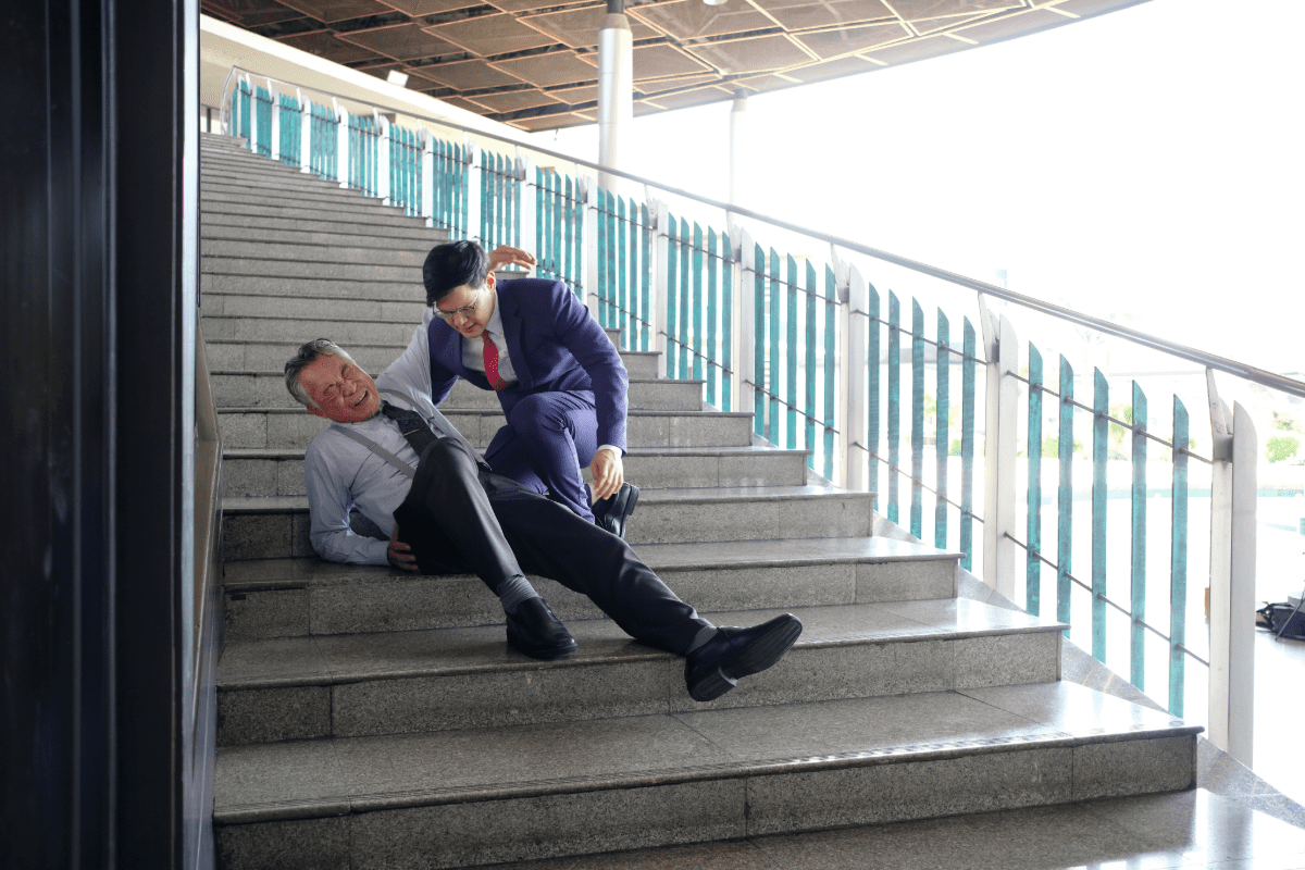 Man helps colleague up after falling down the stairs in the office building