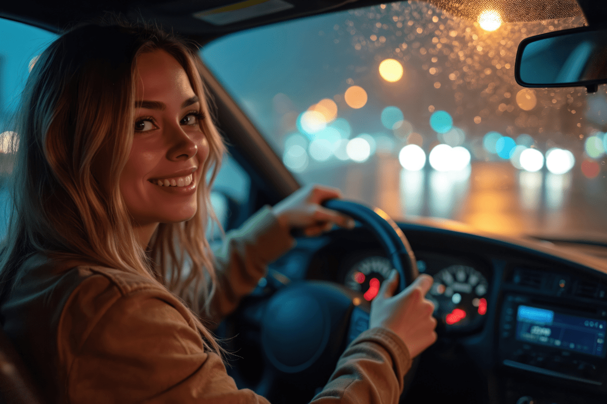 Young woman driving along at night