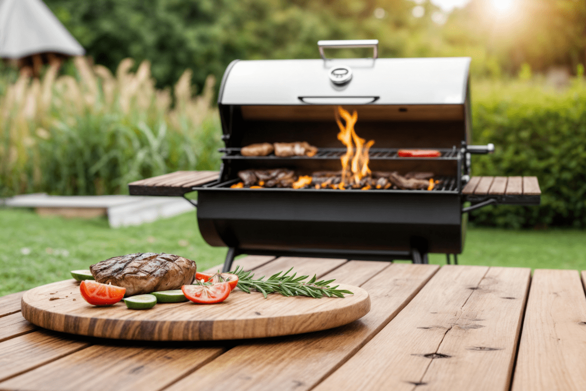Backyard grill and food on patio table