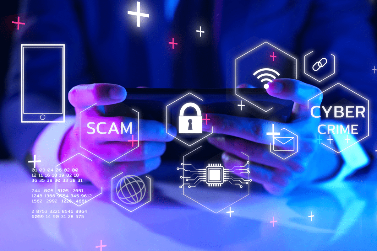 Man holding phone with cyber scam graphic overlay