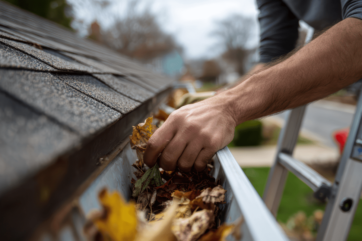 House gutters being cleaned by man on ladder