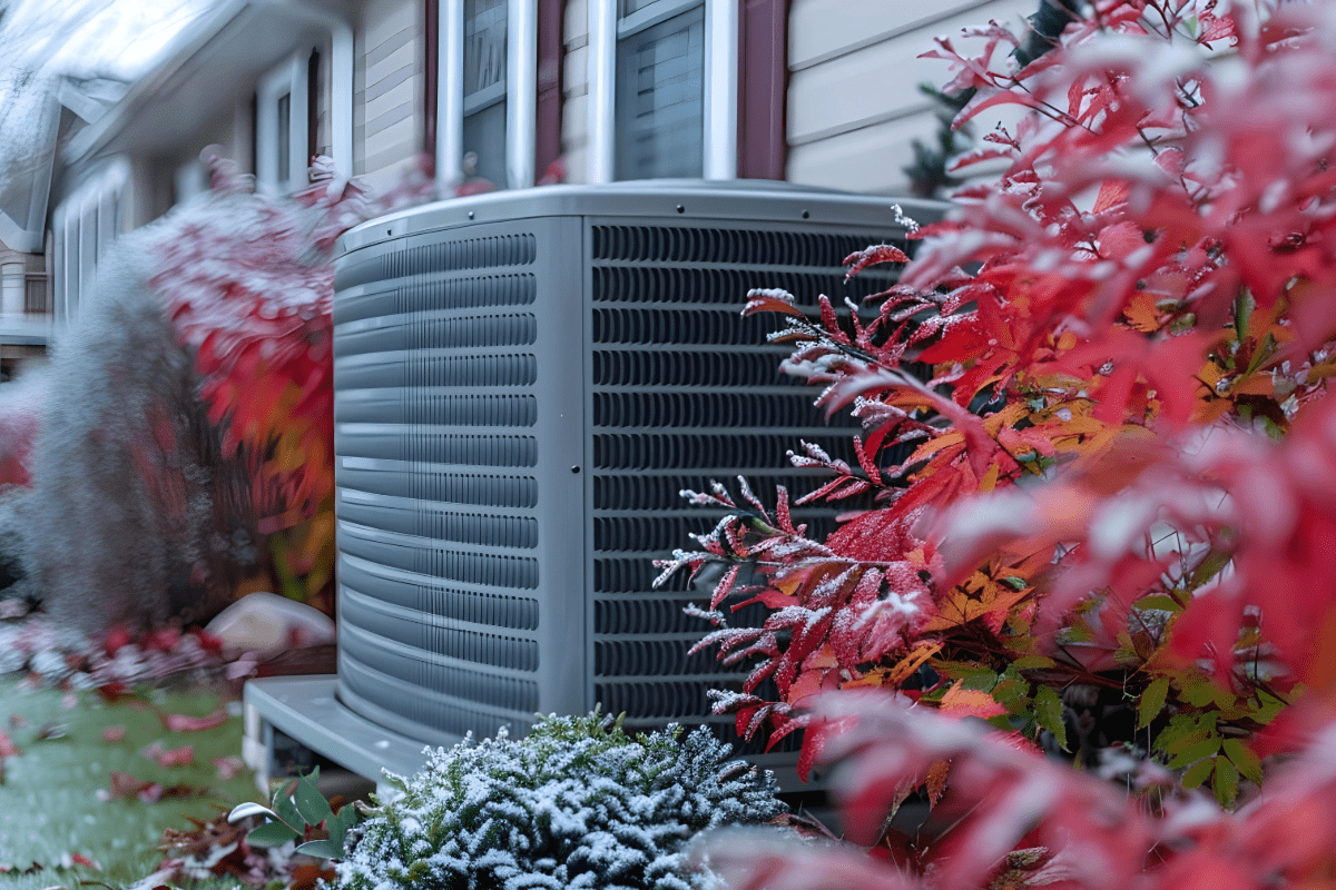 Home HVAC exterior system surrounded by fall foliage