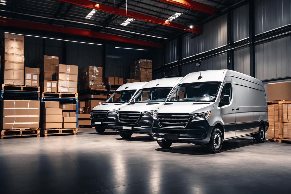 Three delivery vans in a warehouse