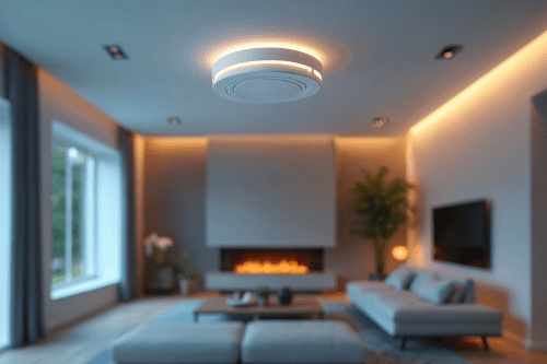 Living room, with fireplace and smoke detector in foreground