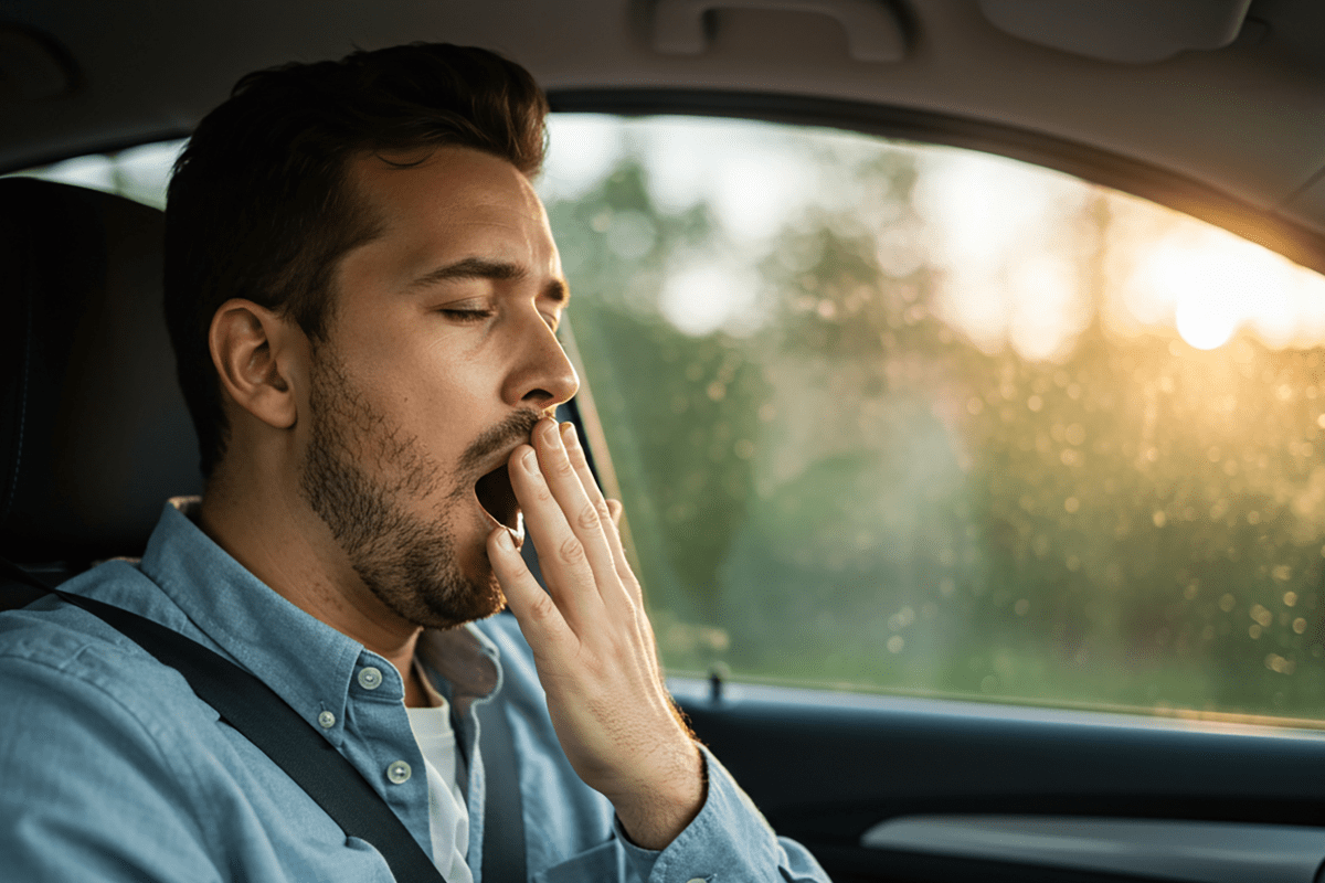 Man sitting in vehicle's driver seat yawning