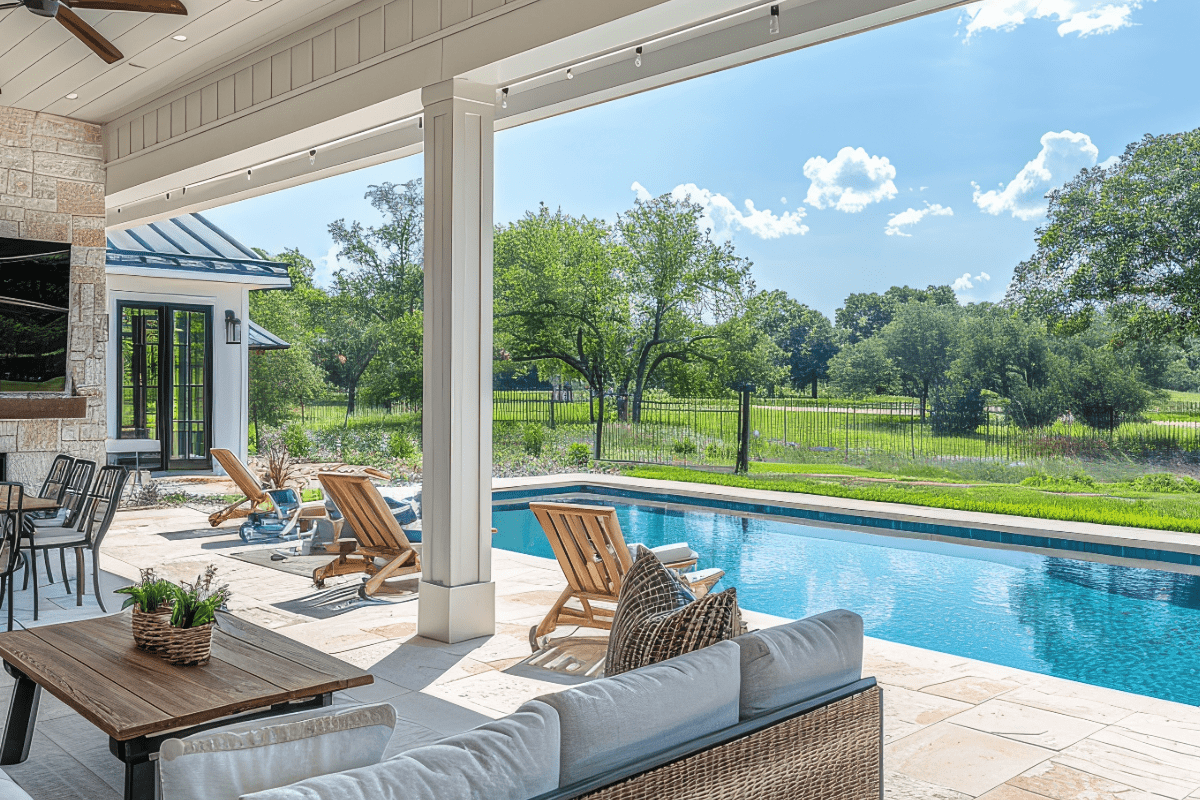 Texas hill country home looking from the back porch out over the pool and to the country