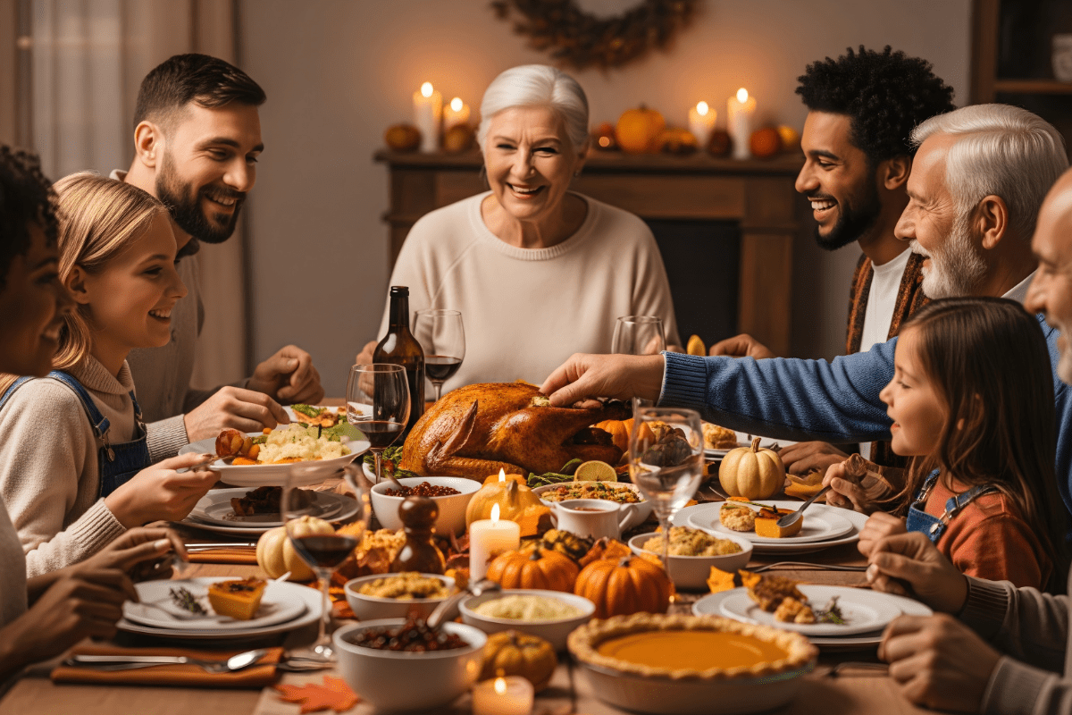Multigenerational family sitting down for Thanksgiving dinner