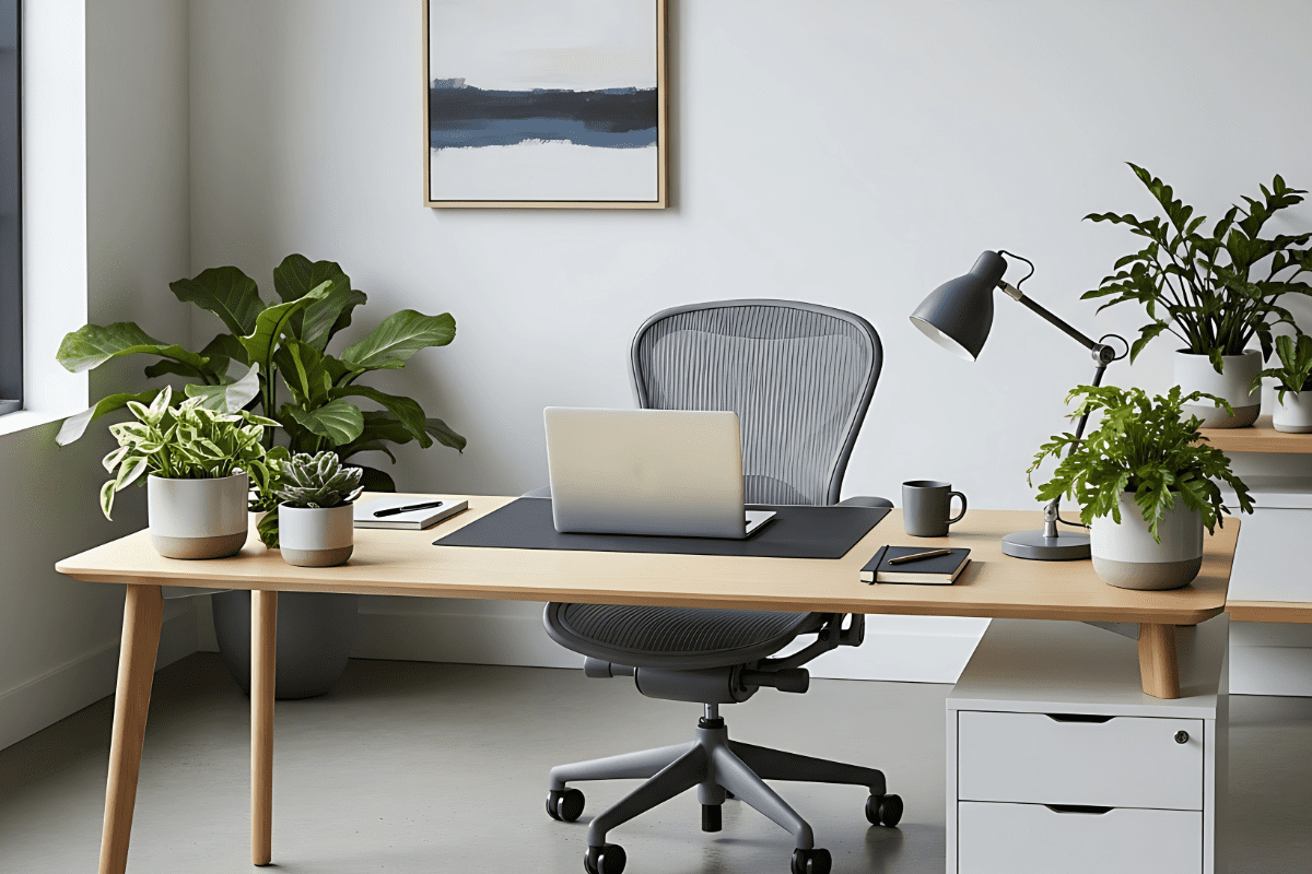 Remote worker home office setup with ergonomic desk and chair