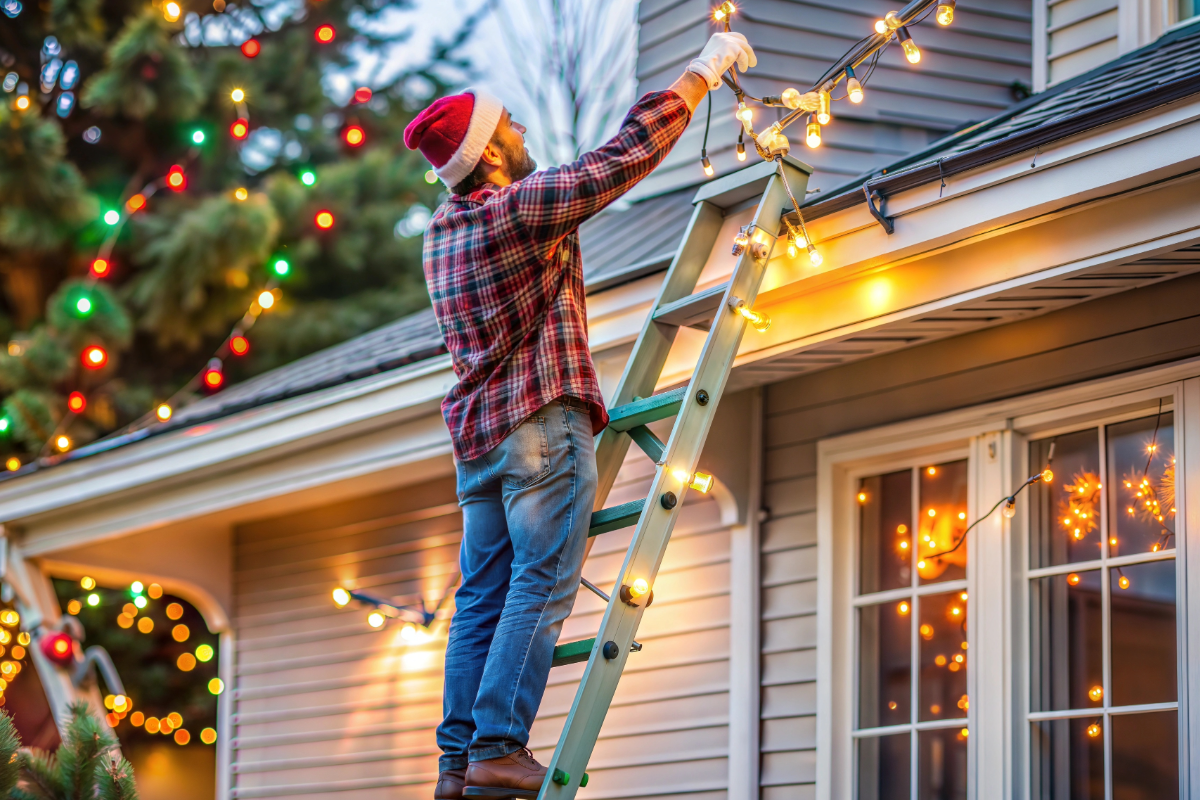 Man wearing a Santa hat on ladder stringing Christmas lights.
