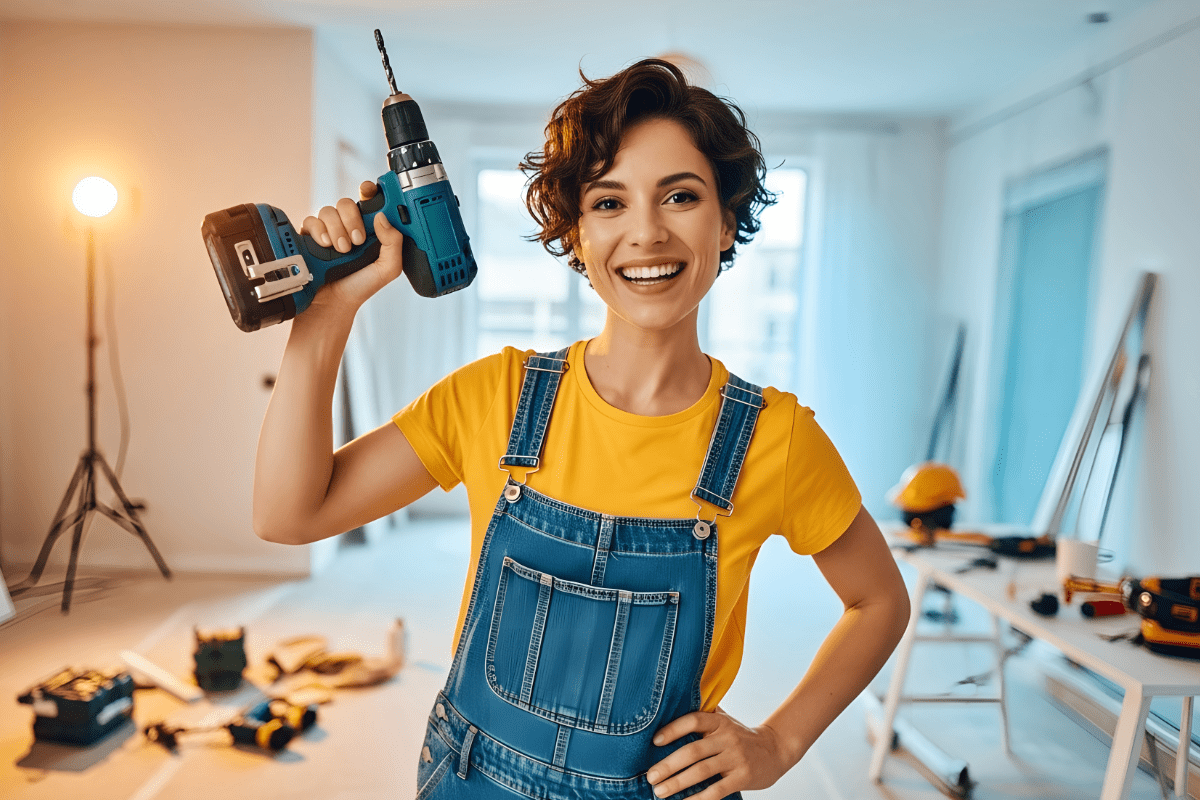 Woman holding a drill with a home renovation project started behind her.
