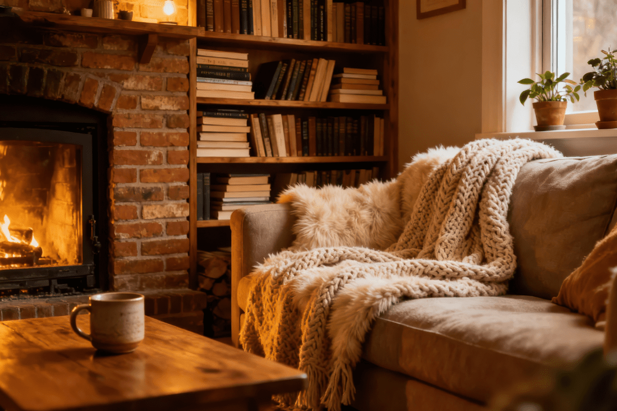 Cozy living room with a fire going in fireplace