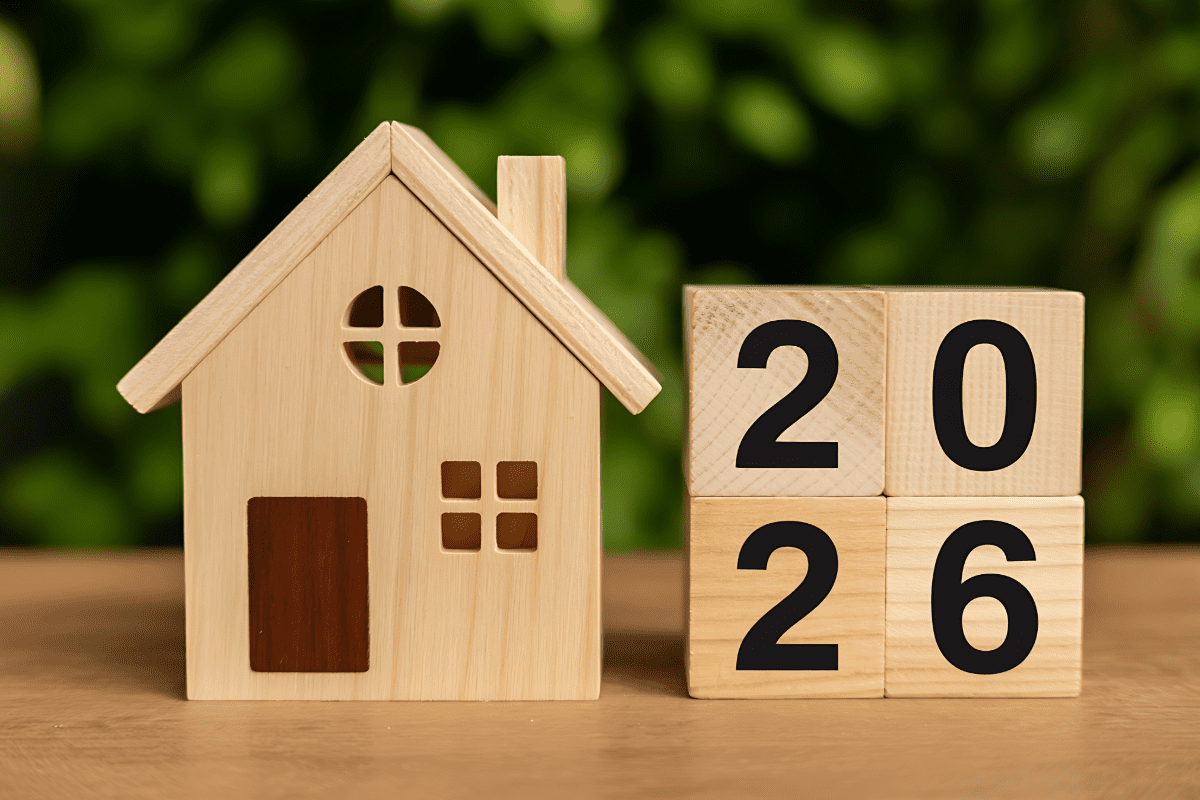 wooden house toy with 2026 blocks