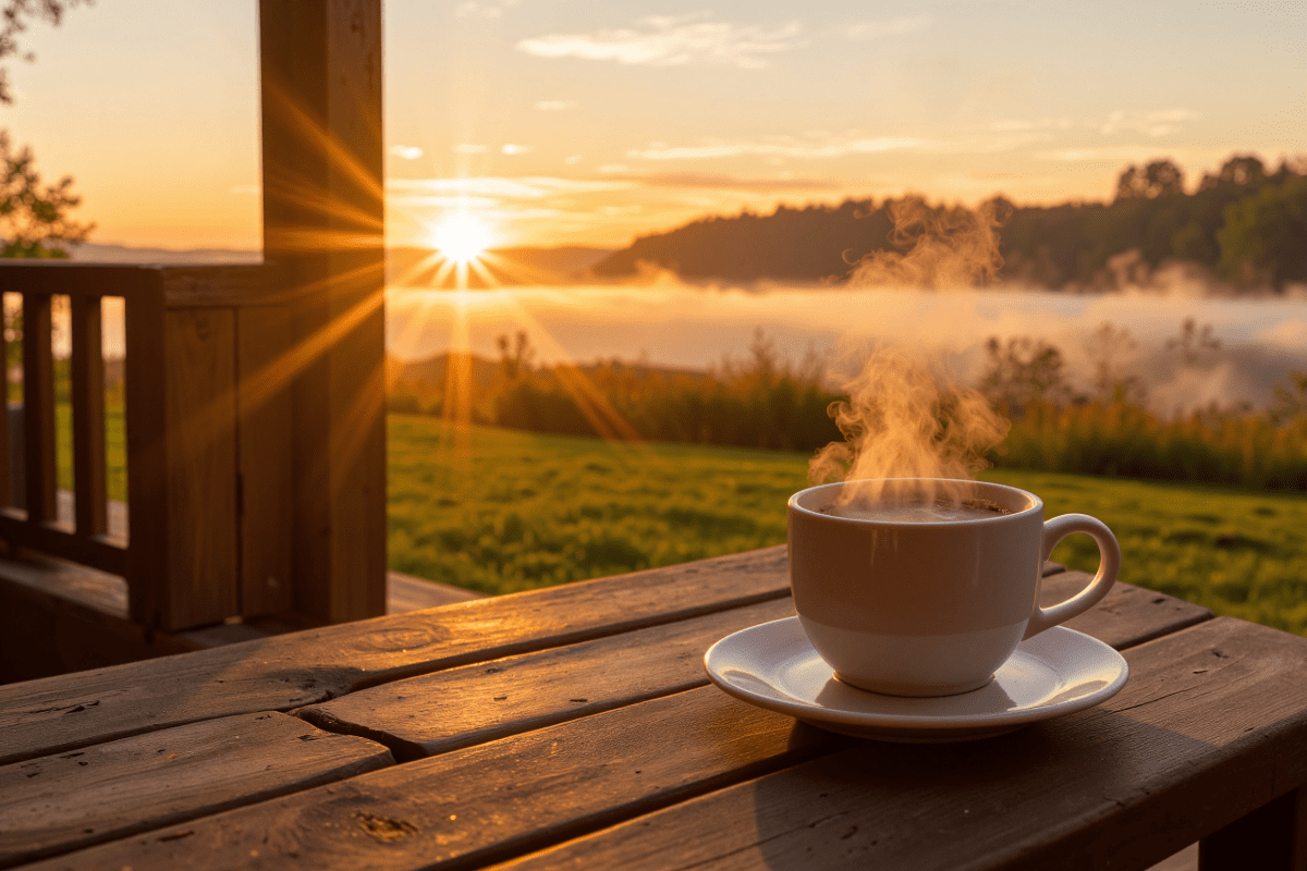 Coffee cup steaming on patio table with the sunrising in the background