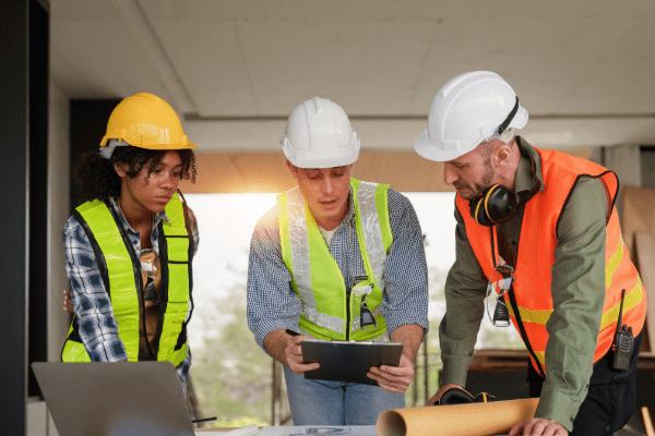 Construction foreman discussing plans with contractors
