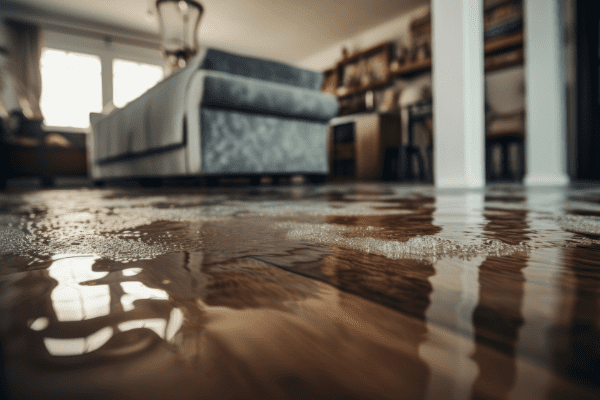 Water from a burst pipe flooding living room floor