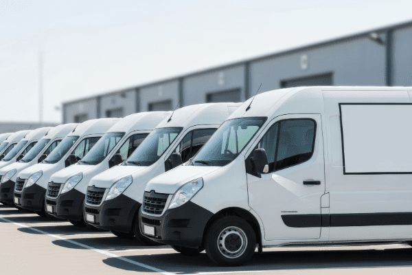 Fleet of commercial white vans in front of warehouse