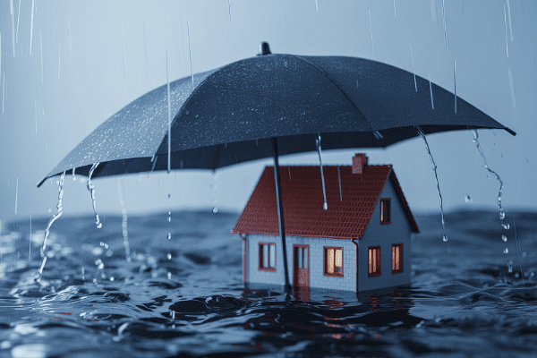 House figurine under an umbrella surrounded by water