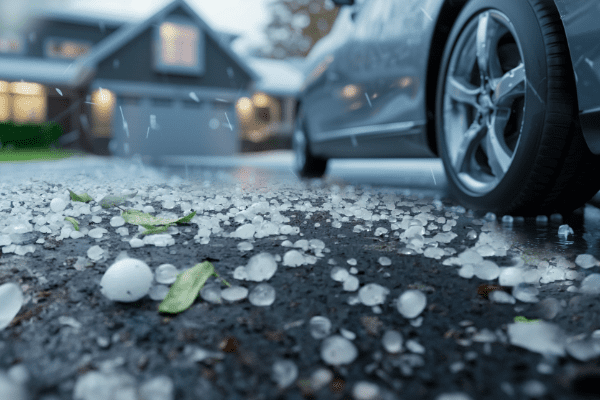 Hail on driveway with car and home in background