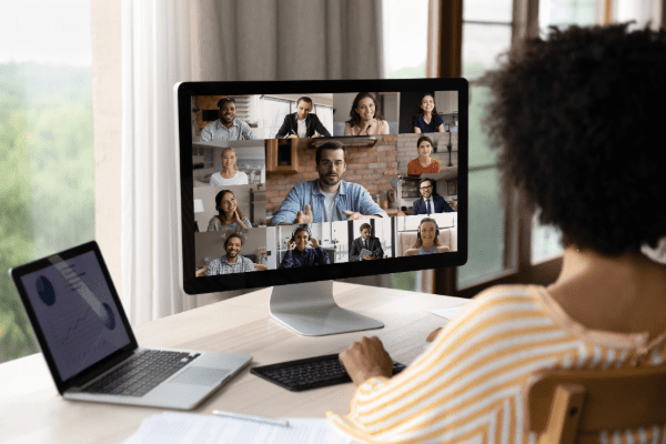 Remote worker on zoom call with coworkers